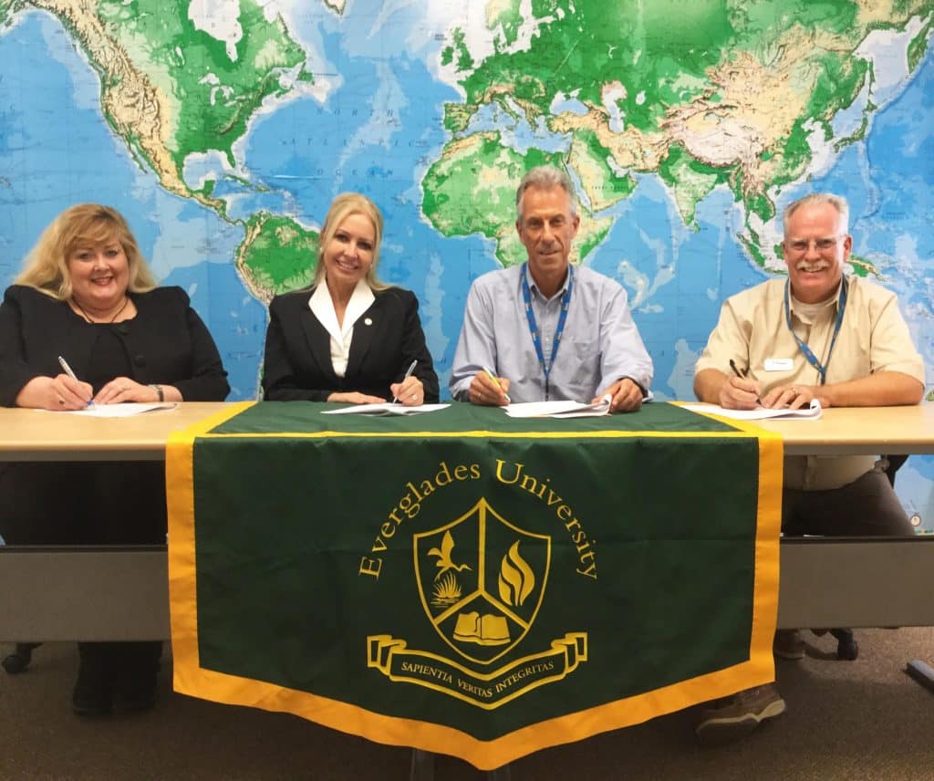 Everglades University Campus Vice President Caroline King and EU President Kristi Mollis met with Europe-American Aviation General Manager Gary M. Lesley and Chief Instructor Tom Navin to sign articulation agreement.