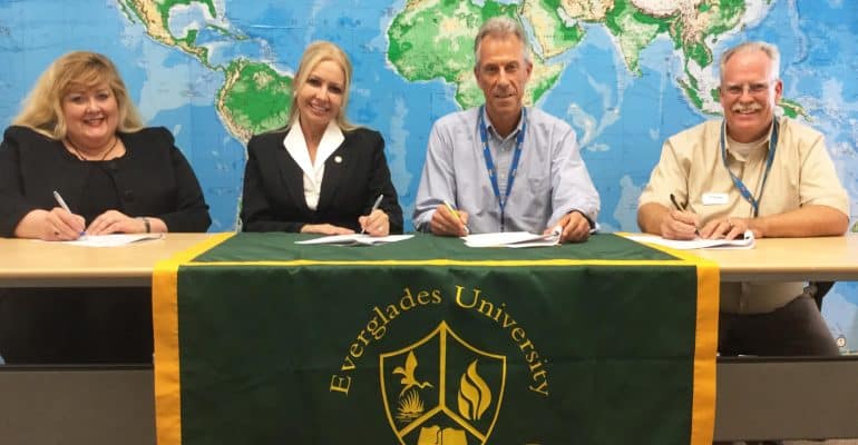 Everglades University Campus Vice President Caroline King and EU President Kristi Mollis met with Europe-American Aviation General Manager Gary M. Lesley and Chief Instructor Tom Navin to sign articulation agreement.