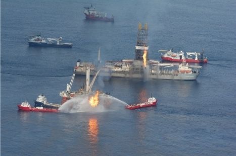 An oil rig in flames due to an explosion in the Gulf of Mexico