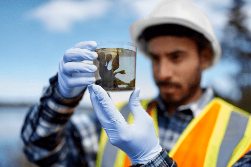 Marine management worker examining marine wildlife