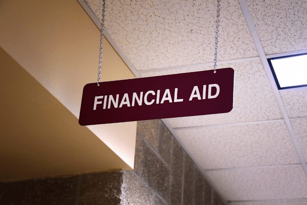 A financial aid sign in a college building