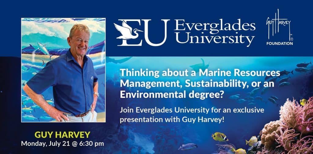 Promotional flyer featuring speakers from Guy Harvey Foundation, a leading ocean conservation organization, hosted by Everglades University.
