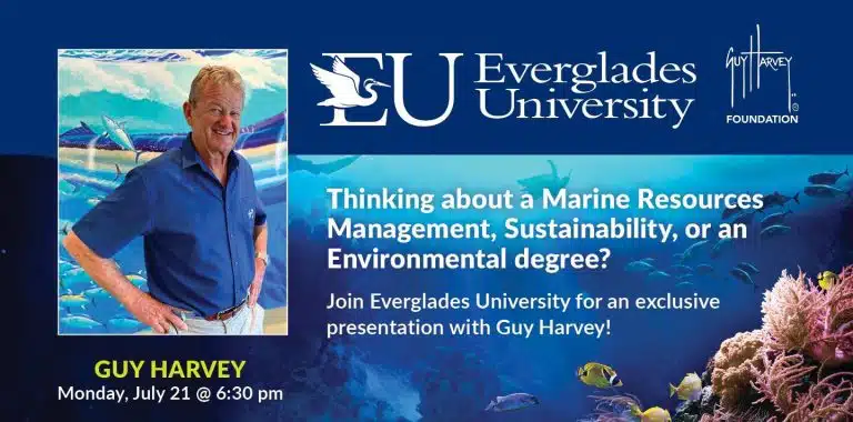 Promotional flyer featuring speakers from Guy Harvey Foundation, a leading ocean conservation organization, hosted by Everglades University.
