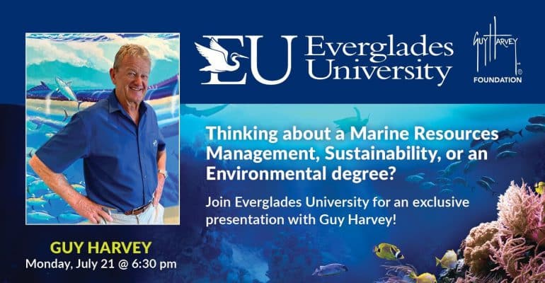 Promotional flyer featuring speakers from Guy Harvey Foundation, a leading ocean conservation organization, hosted by Everglades University.