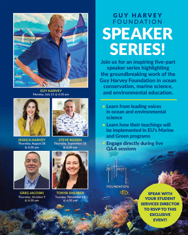 Announcement image for Everglades University's event with marine conservationist Guy Harvey from the renowned ocean conservation organization.