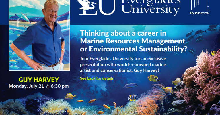Promotional flyer featuring speakers from Guy Harvey Foundation, a leading ocean conservation organization, hosted by Everglades University.
