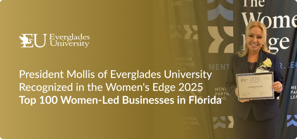 Kristi Mollis, President of Everglades University, holding her Women’s Edge 2025 Top 100 Women-Led Businesses award.