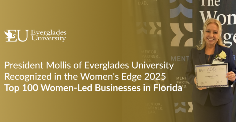 Kristi Mollis, President of Everglades University, holding her Women’s Edge 2025 Top 100 Women-Led Businesses award.