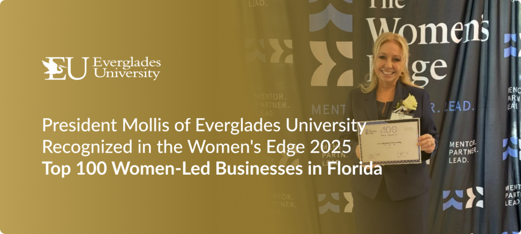 Kristi Mollis, President of Everglades University, holding her Women’s Edge 2025 Top 100 Women-Led Businesses award.