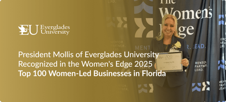 Kristi Mollis, President of Everglades University, holding her Women’s Edge 2025 Top 100 Women-Led Businesses award.