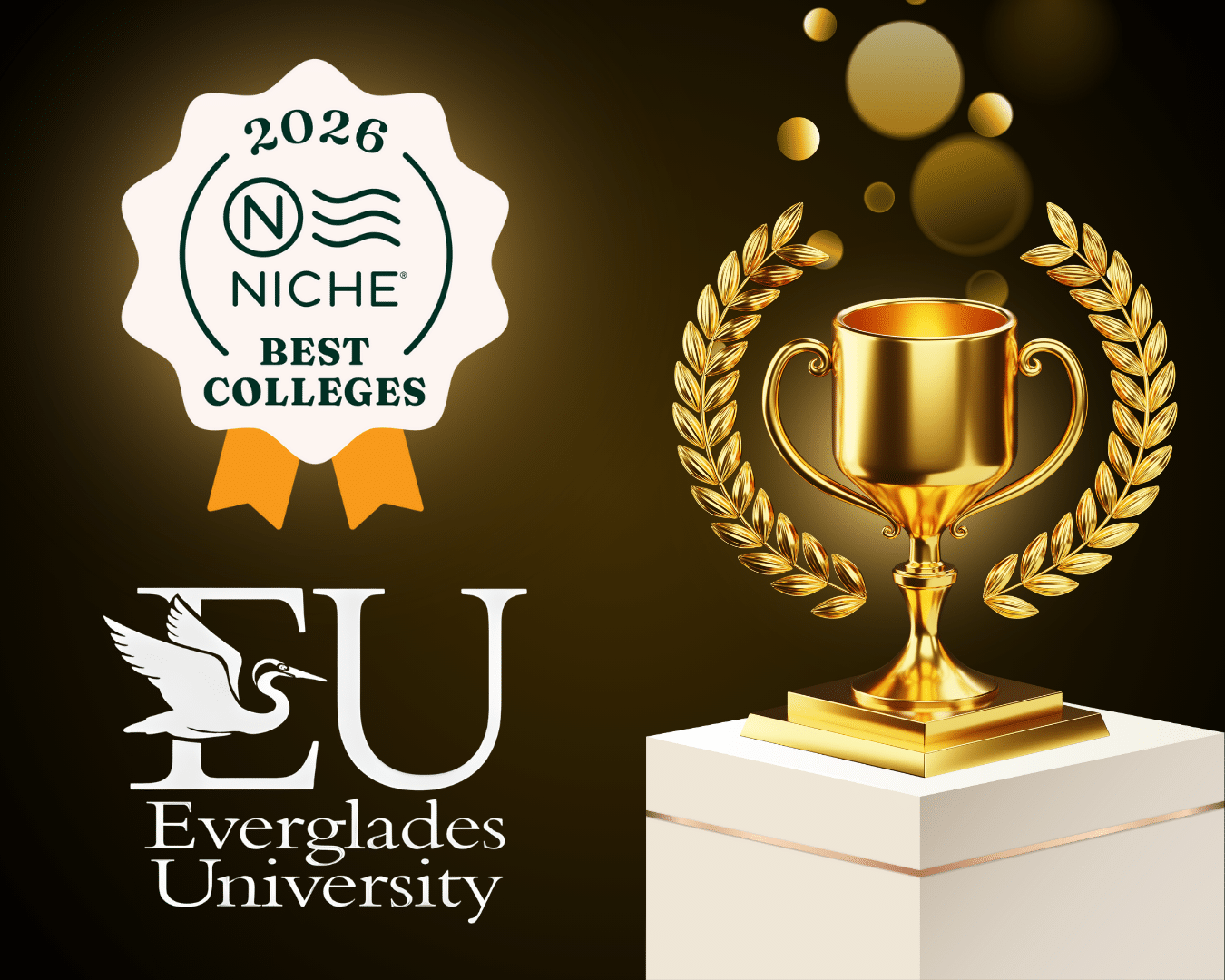 Golden trophy with laurel wreath and Everglades University logo showcasing 2026 Niche Best Colleges award, highlighting Everglades University recognitions.