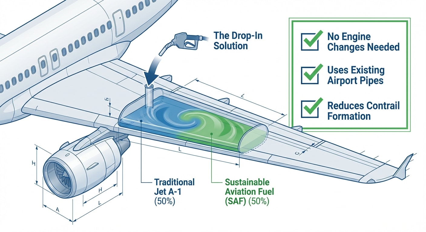  A technical blueprint infographic of an airplane wing titled "The Drop-In Solution." It shows a 50/50 blend of SAF and Jet A-1 mixing in a fuel tank and a checklist confirming no engine modifications are required.
