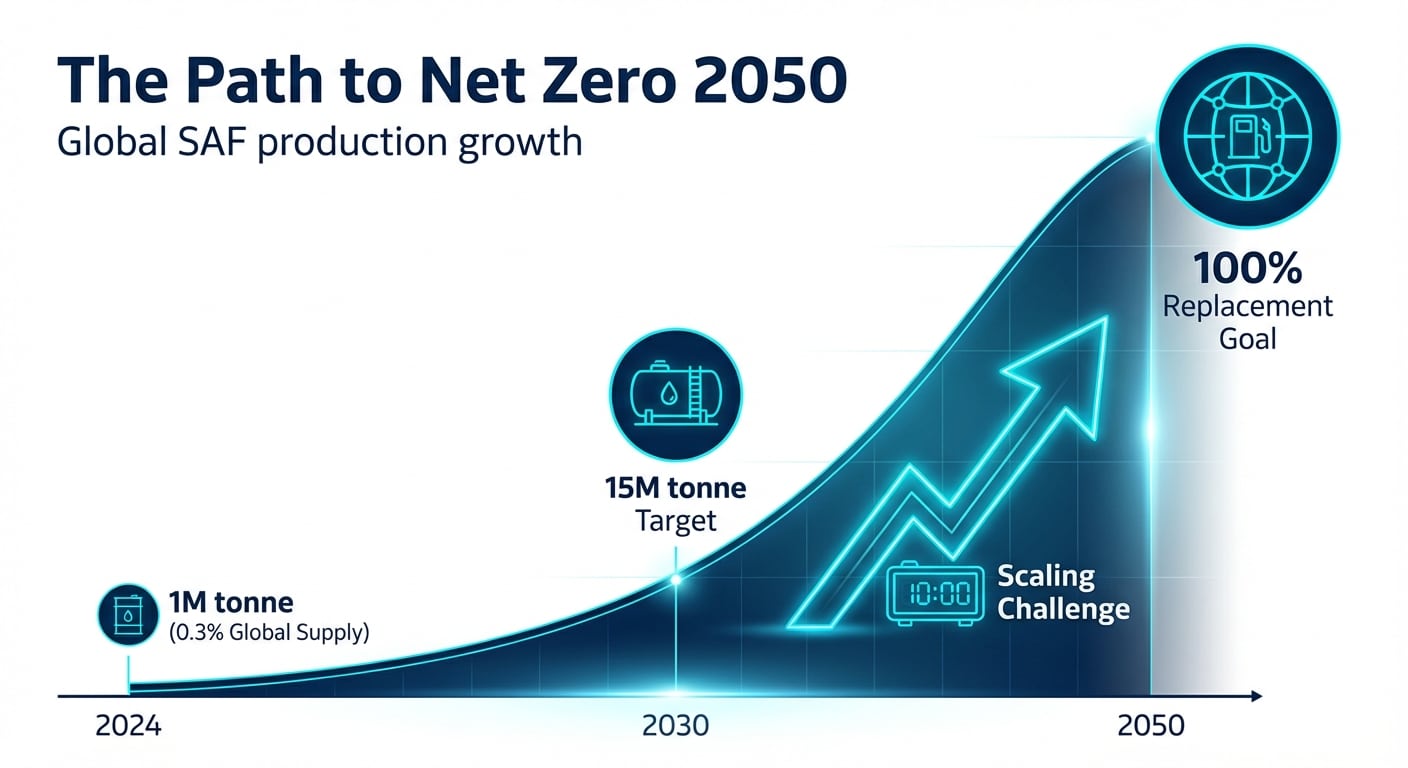 A data-visualization infographic titled "The Path to Net Zero 2050" showing global SAF production growth targets rising from a 0.3% share in 2024 to a 100% replacement goal by 2050.