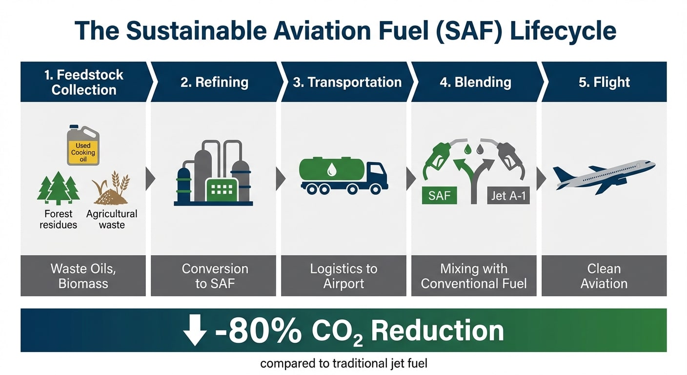 A 5-stage horizontal infographic titled "The Sustainable Aviation Fuel (SAF) Lifecycle," showing the journey from feedstock collection and refining to blending and flight, noting an 80% reduction in CO2.
