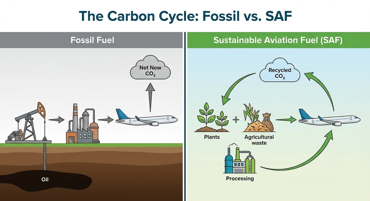 A side-by-side comparison infographic titled "The Carbon Cycle: Fossil vs. SAF." It illustrates how fossil fuels add "Net New CO2" to the atmosphere while SAF creates a "Recycled CO2" loop using plants and waste.
