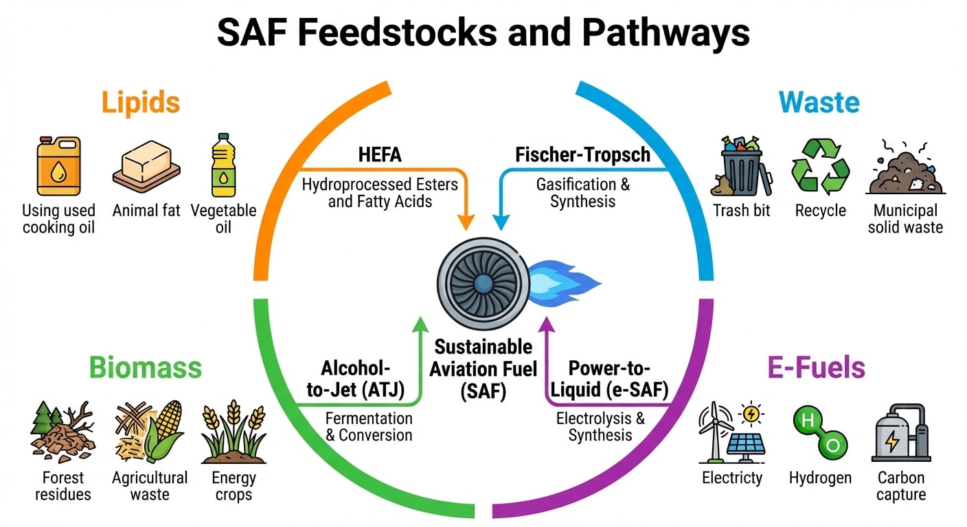 A modern infographic wheel titled "SAF Feedstocks and Pathways" showing how Lipids, Waste, Biomass, and E-Fuels are converted into jet fuel via pathways like HEFA and Alcohol-to-Jet.