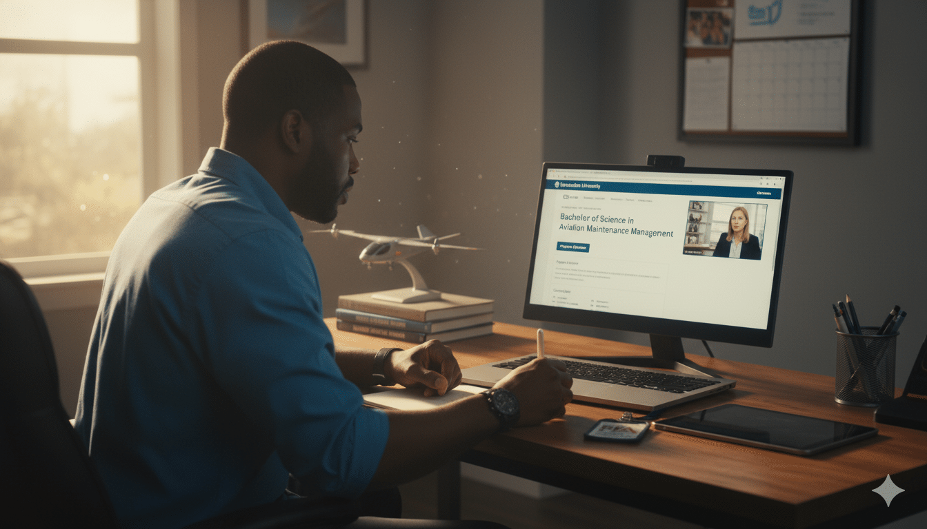 A working professional studying online for a Bachelor of Science in Aviation Maintenance Management, illustrating career-focused learning for the electric aircraft era.
