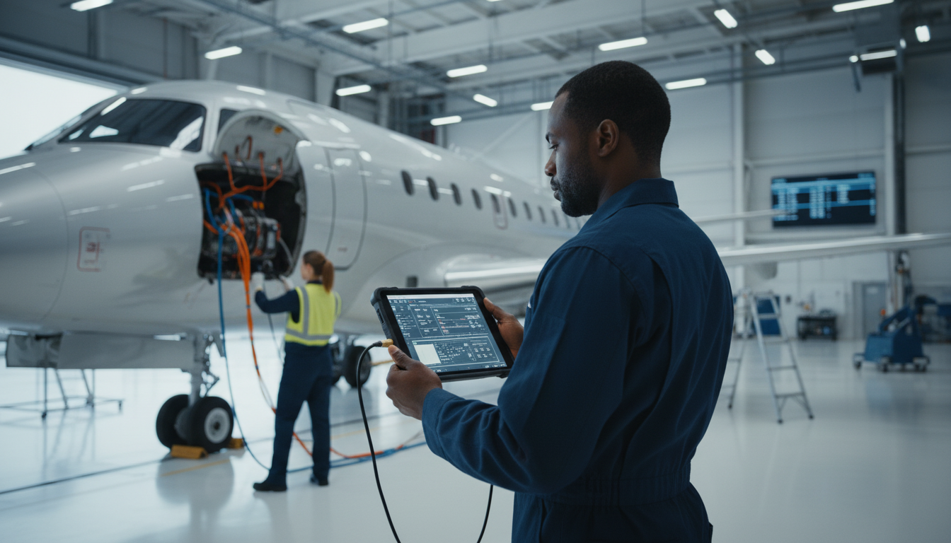 An aviation maintenance technician using a digital tablet to perform predictive diagnostics on an aircraft in a modern, well-lit hangar.
