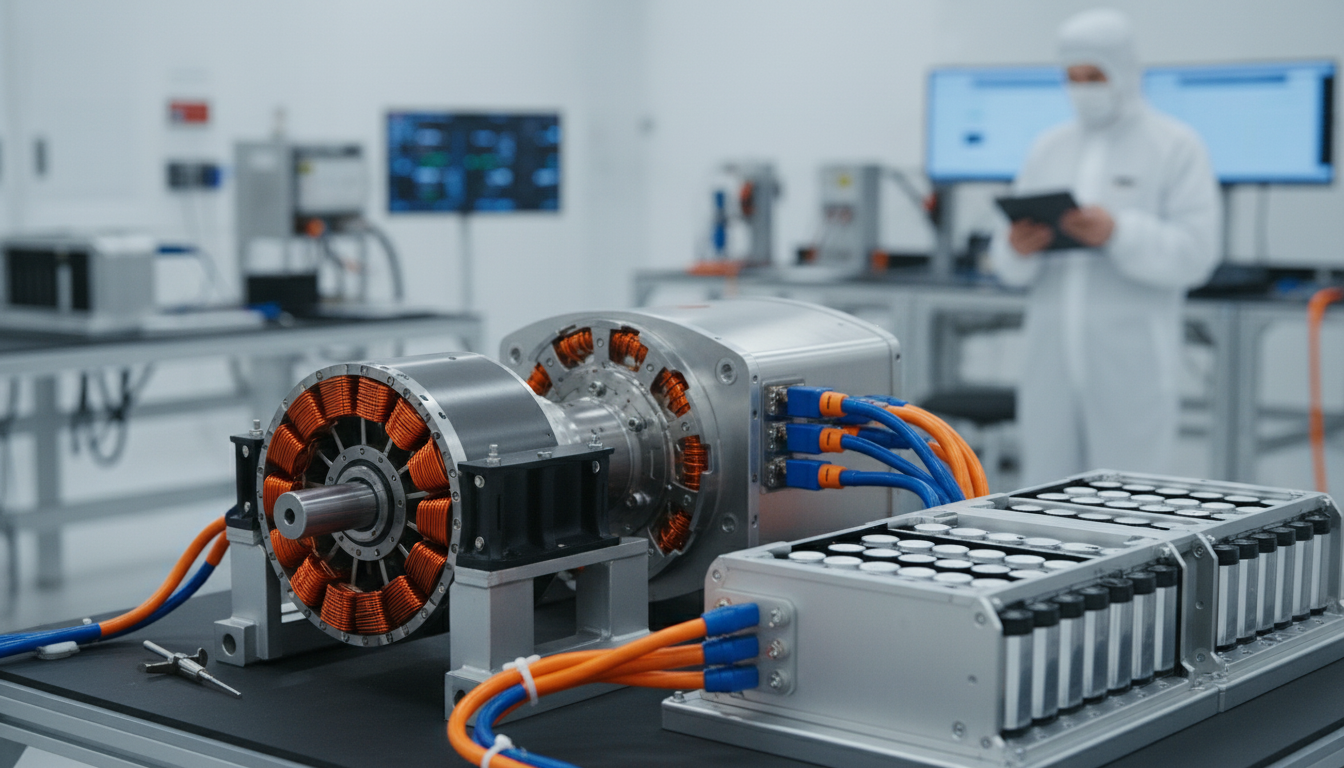 A technical close-up of an electric aircraft propulsion system, featuring a high-voltage motor and battery pack in a specialized aviation maintenance facility.