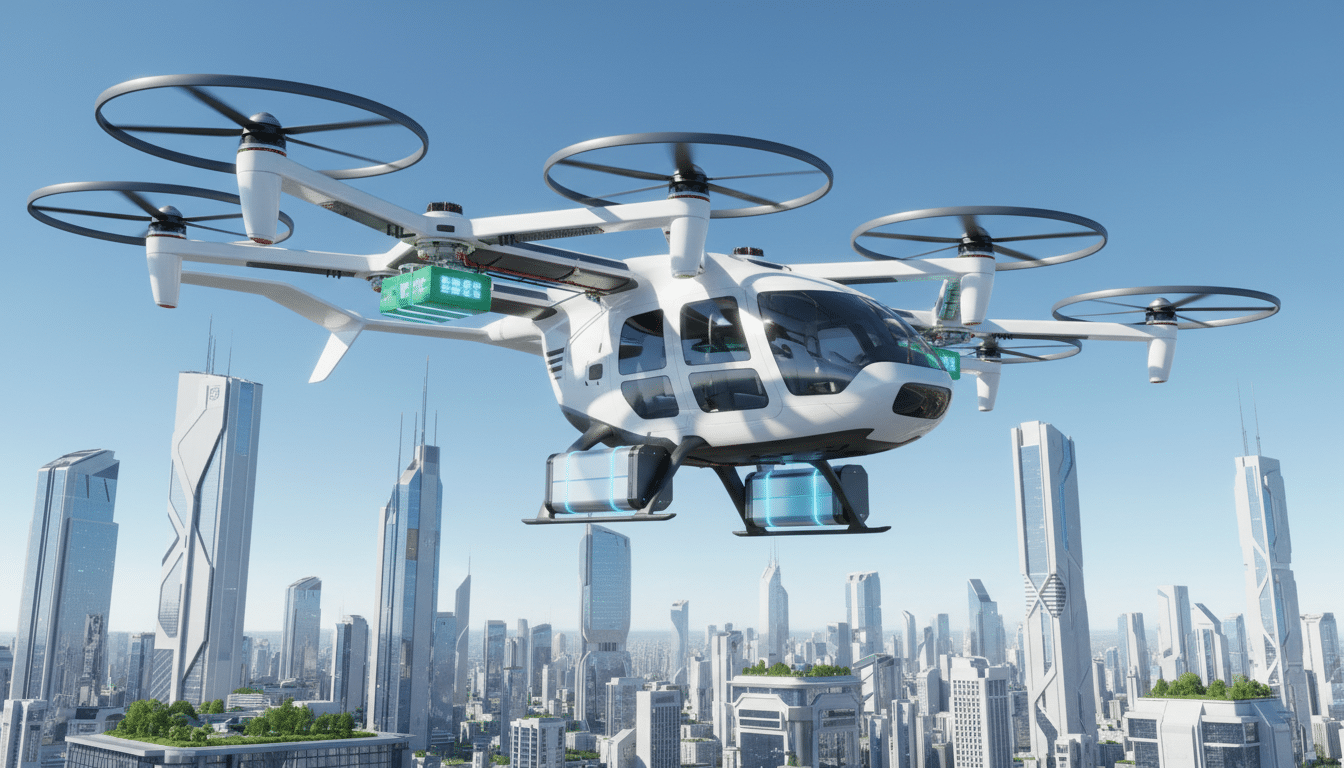 A sleek white eVTOL electric aircraft in flight over a modern city skyline, showcasing the future of electric aviation and urban air mobility.