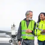 Airport ground crew member in a safety vest and headset inspecting a service panel under an aircraft