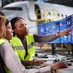 Two aviation workers in hi-vis vests reviewing aircraft data on curved monitors in a hangar