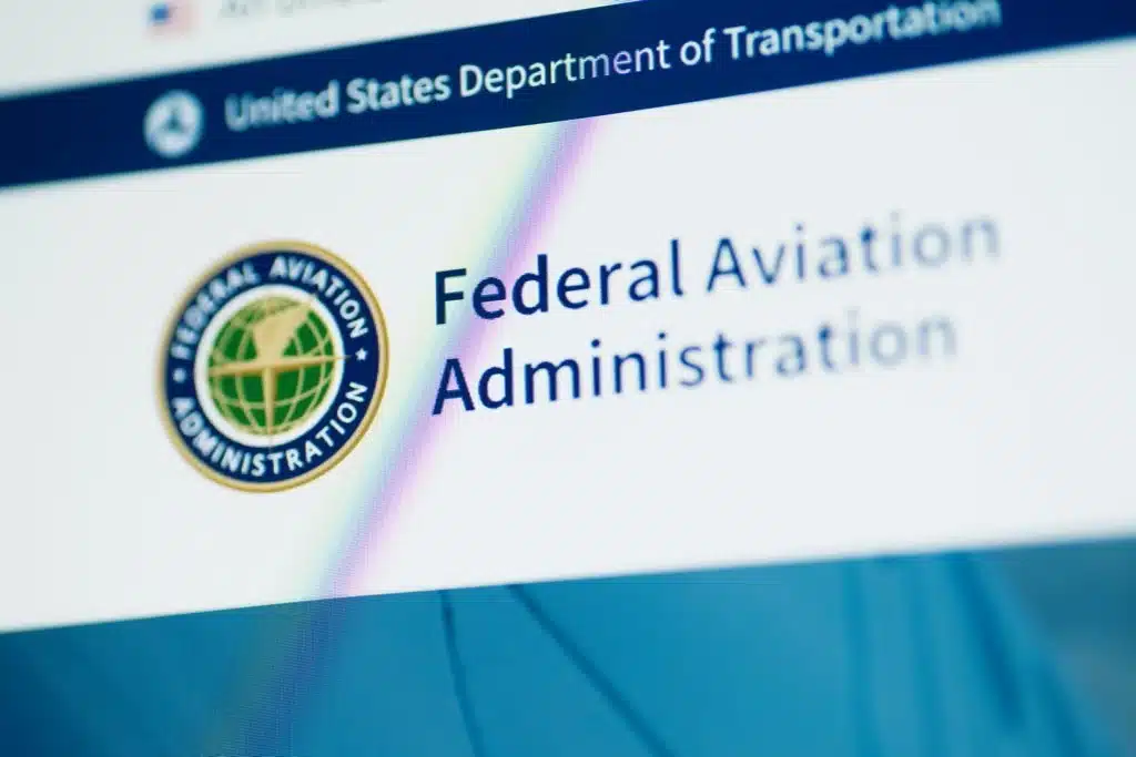 Close-up of the Federal Aviation Administration website header with the FAA seal and U.S. DOT banner