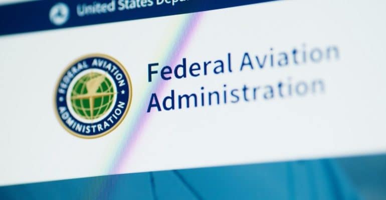 Close-up of the Federal Aviation Administration website header with the FAA seal and U.S. DOT banner