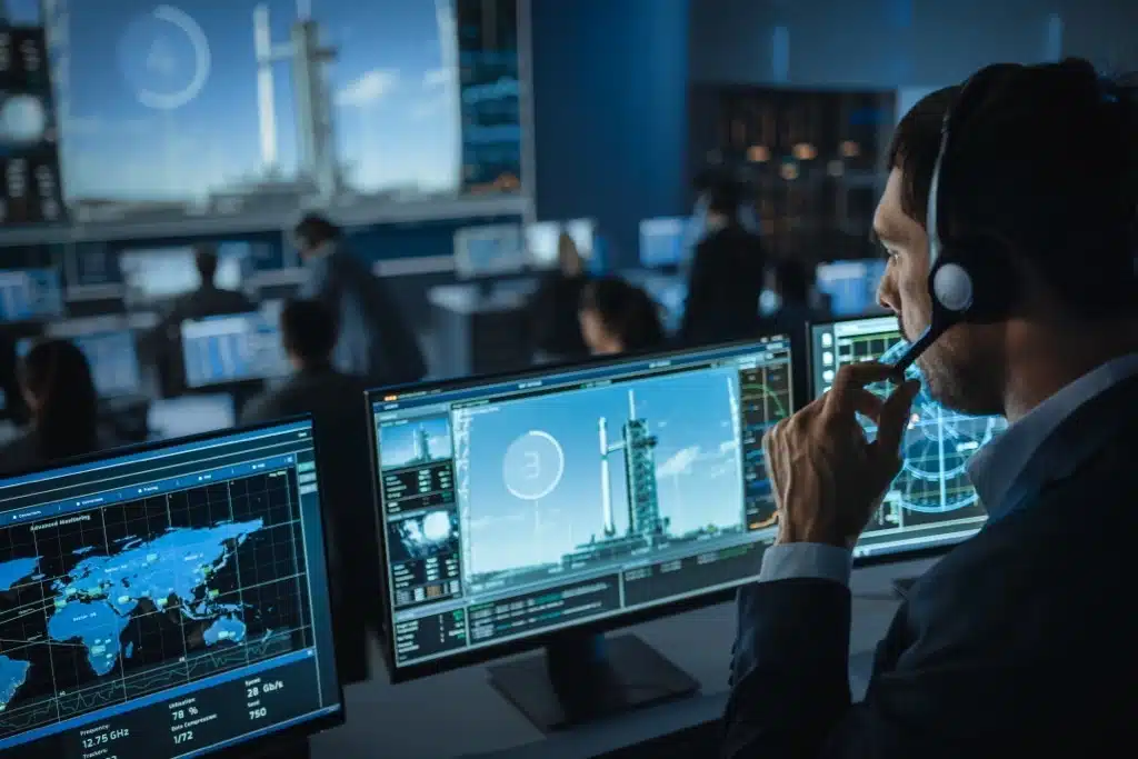 Flight operations specialist in a headset monitoring launch data on multiple screens in a dark control room