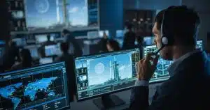 Flight operations specialist in a headset monitoring launch data on multiple screens in a dark control room